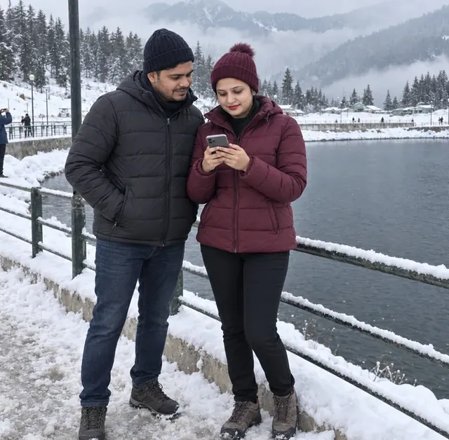 Nav and Vandana beside the snow-lined railing of the lake at Auli in January 2026