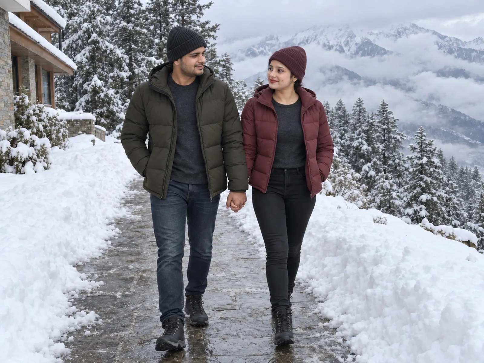 Nav and Vandana walking hand in hand on a snow-lined path at Auli, snow peaks and cloud behind them