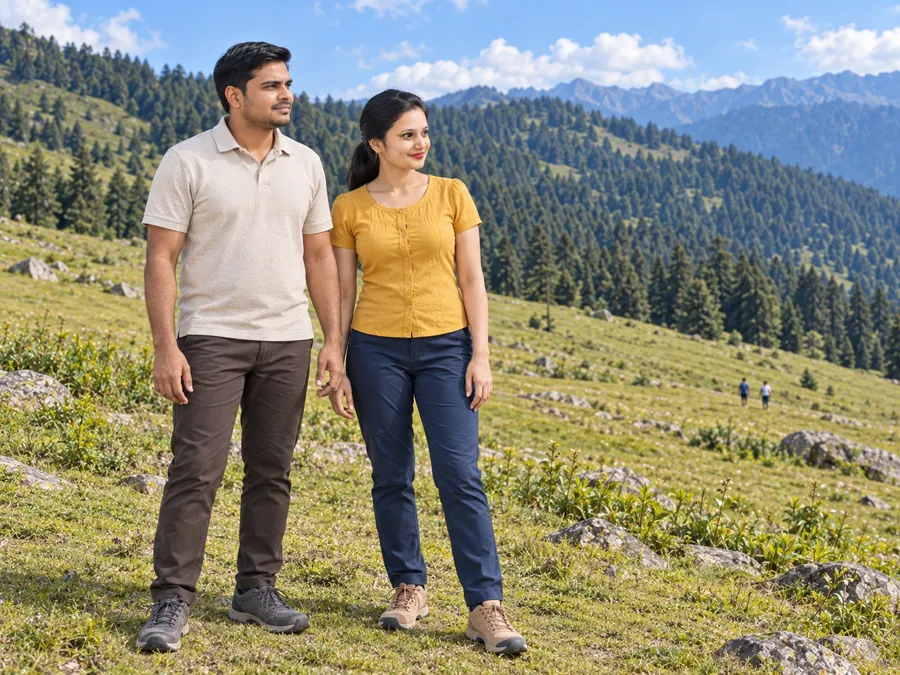 Nav and Vandana standing on a green summer meadow with pine forest and mountains behind